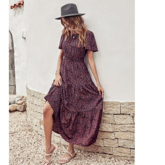 NEW! Breezaya Ditsy Floral Print Shirred Waist Ruffle Hem Dress - Size XXL - Picture 2 of 5